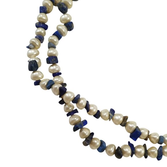 Pearls & Lapis Lazuli Choker Necklace Baroque Freshwater Pearls and Lapis Chips - Picture 9 of 10